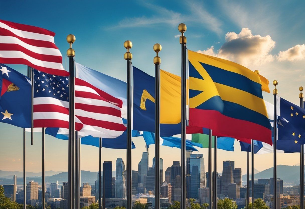 Scenic landscape with 10 state flags flying high, representing the best states for investment property. Vibrant city skylines in the background, symbolizing growth and opportunity