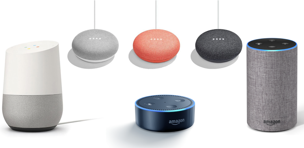 a photo of alexa and google assistant smart speakers