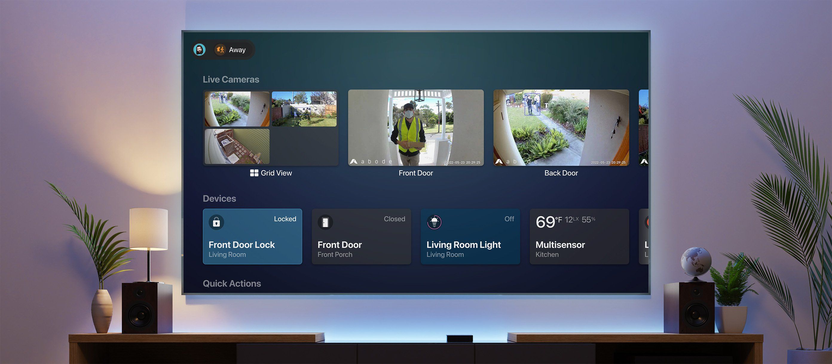 a photo of a smart TV with live streams from Abode security camera and video doorbelll on the TV screen