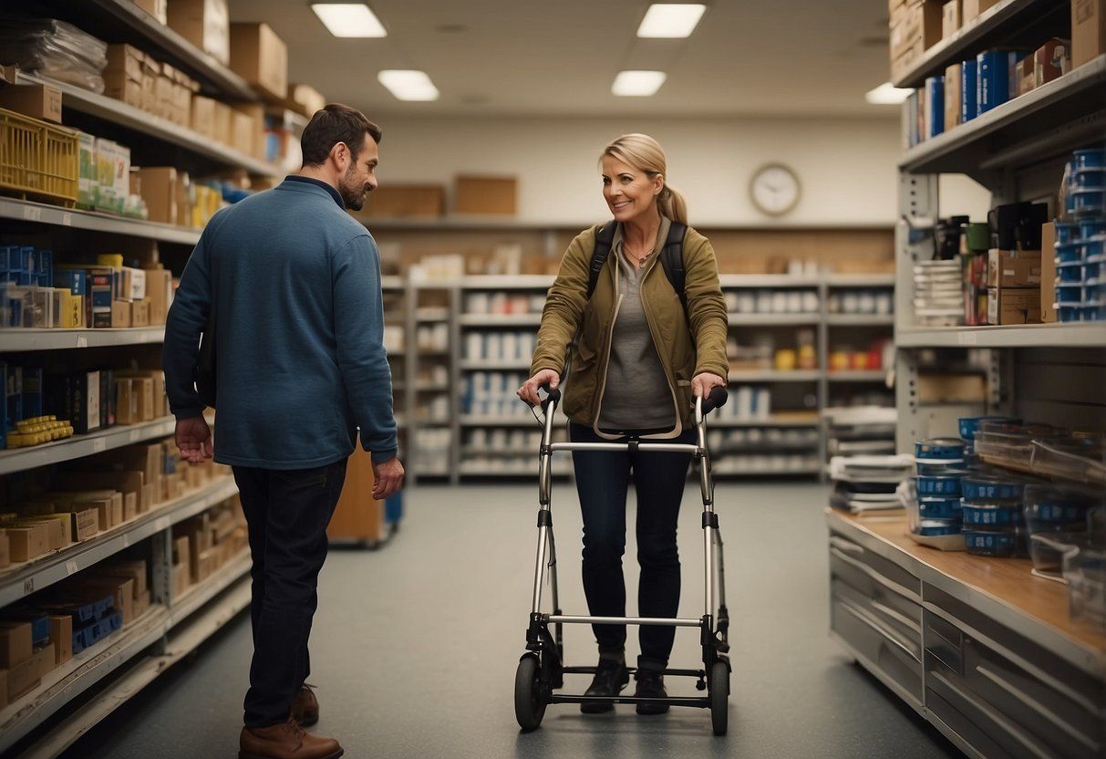 A person uses adaptive equipment to independently reach a high shelf, while an assistive device is used to support their weight while walking