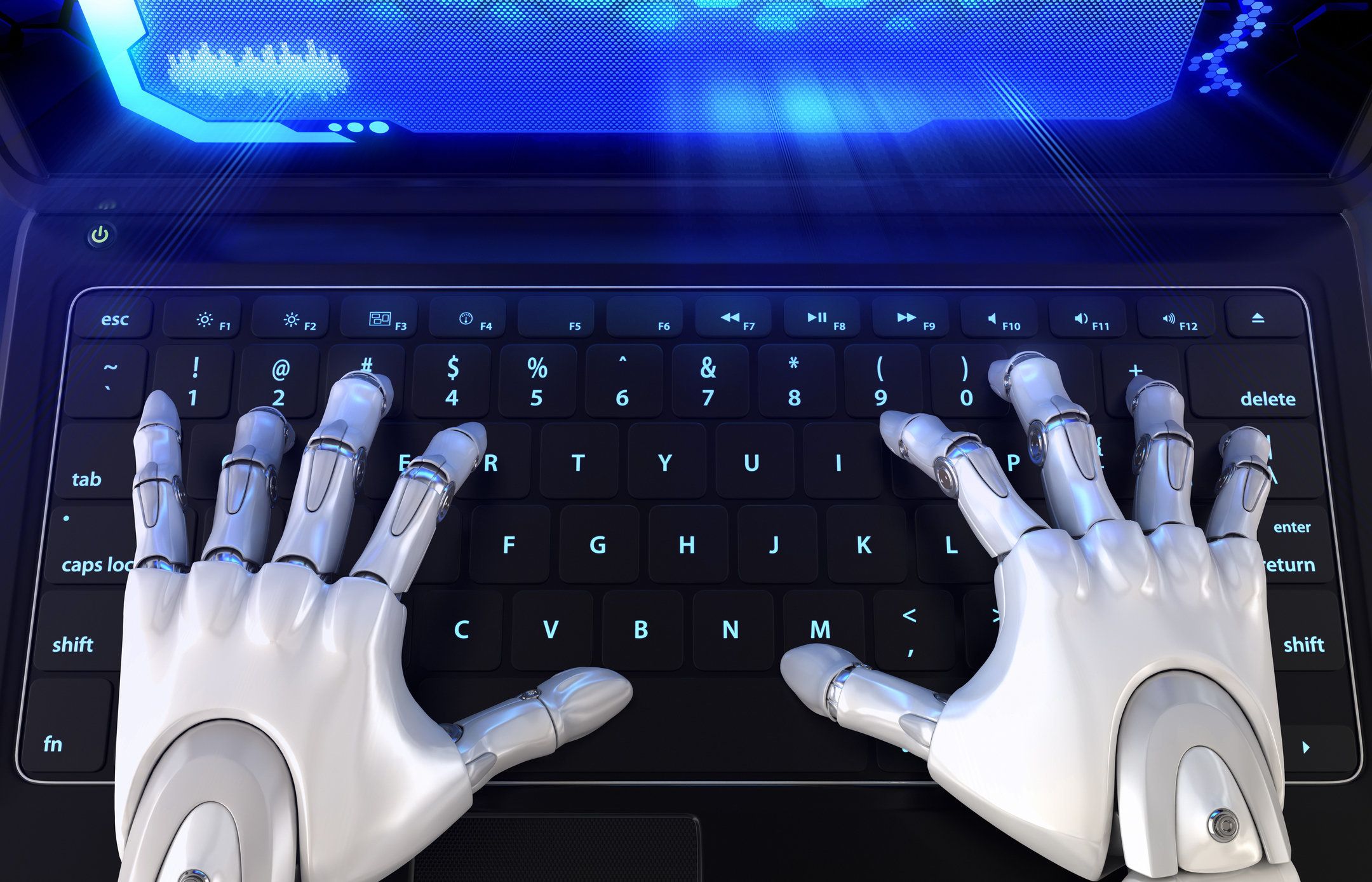 a photo of robot hands typing on a keyboard