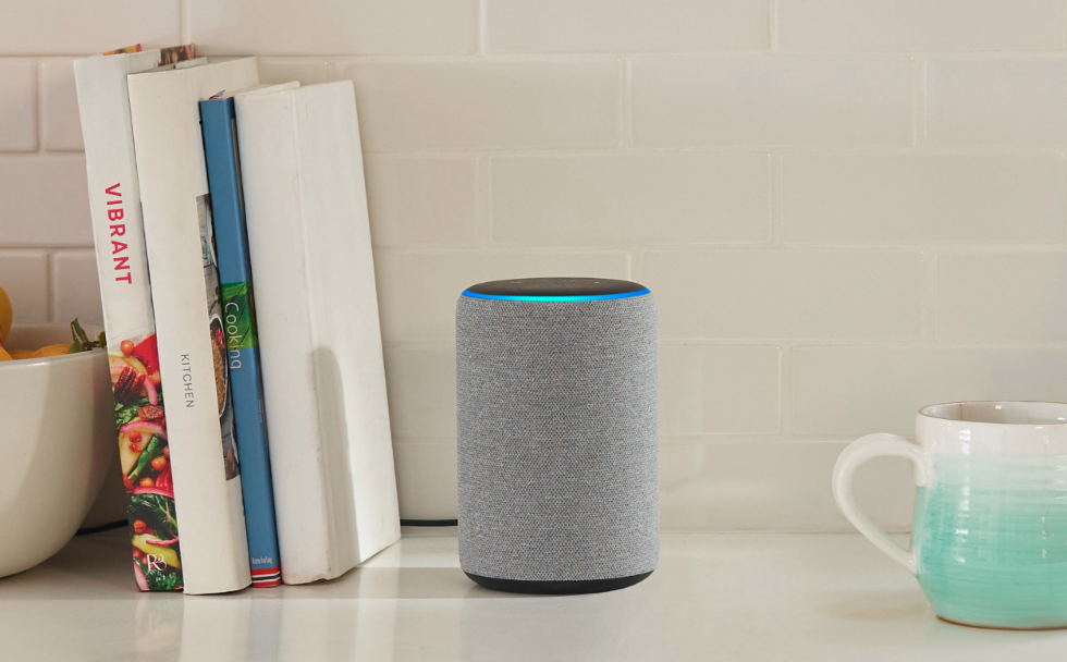 a photo of Echo smart speaker on a shelf