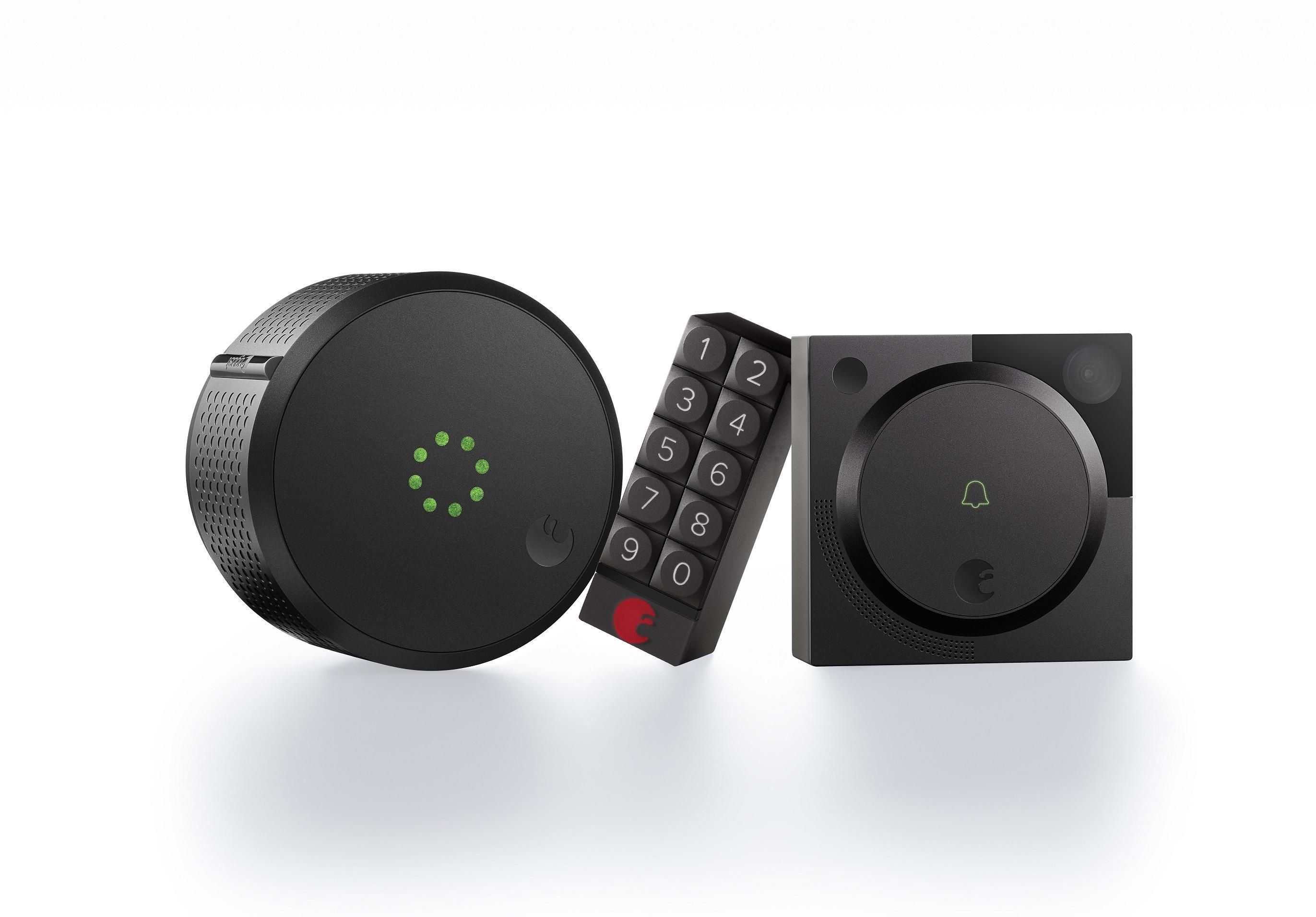 a product shot of August Smart lock, keypad, and video doorbell