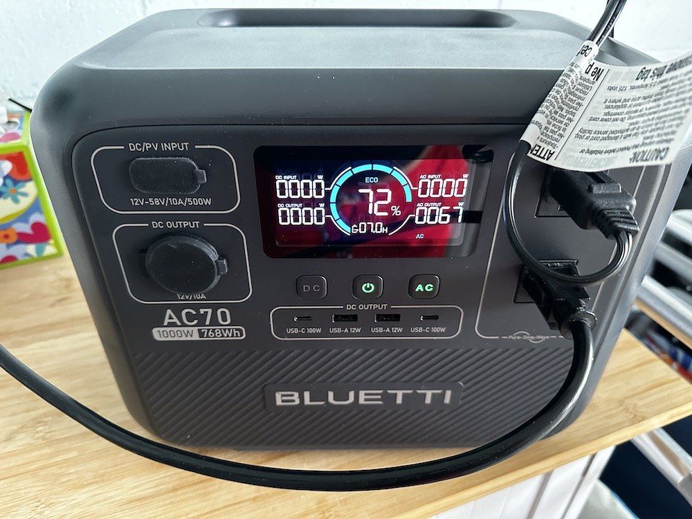 a photo of Bluetti AC70 Portable Power Station display showing power usage