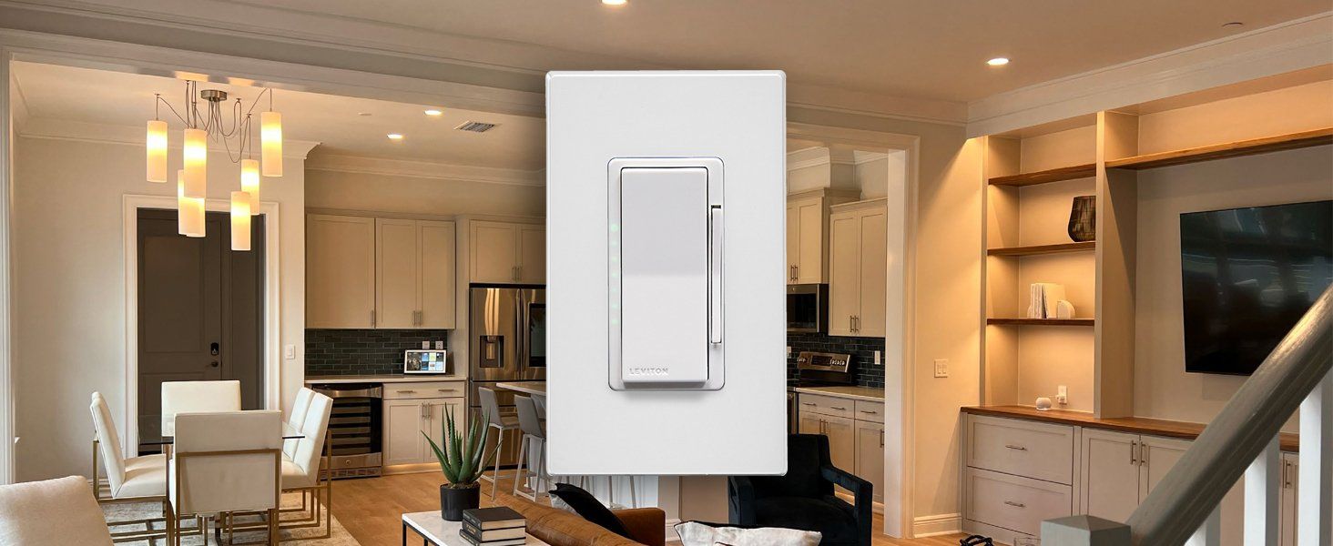 a photo of Leviton Decora Smart Wi-Fi ELV/LED Dimmer and a photo of a room in an apartment