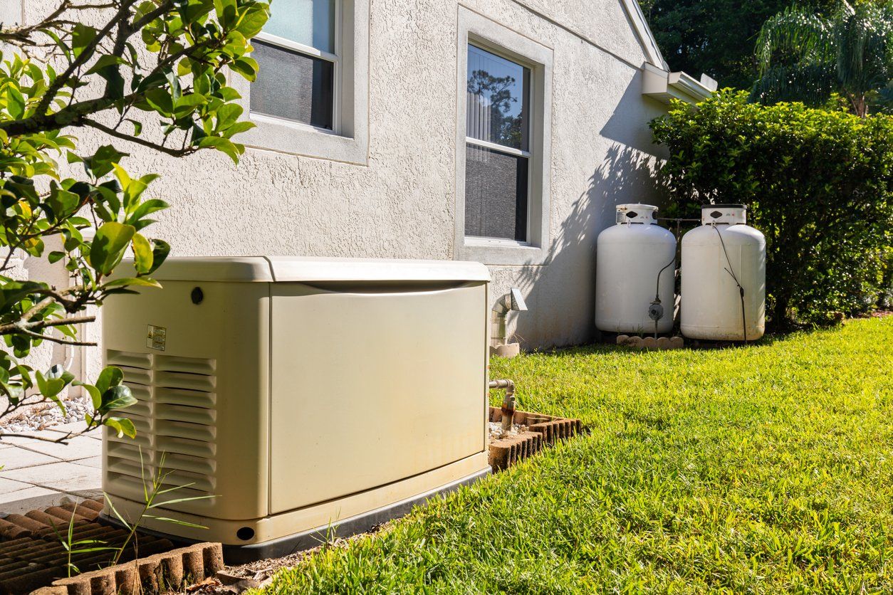 Emergency backup electric generator for home stock photo