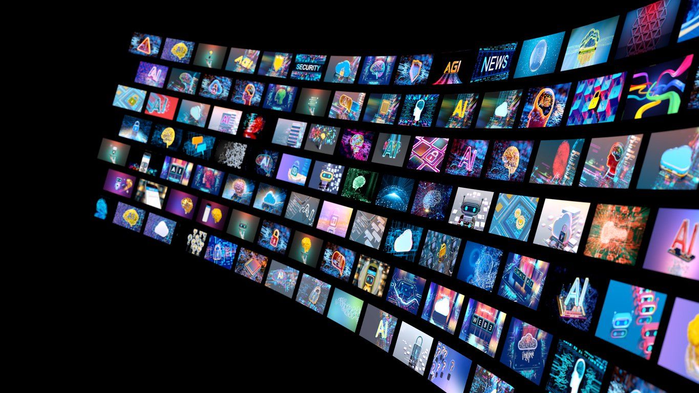 Media concept with TV screens. stock photo