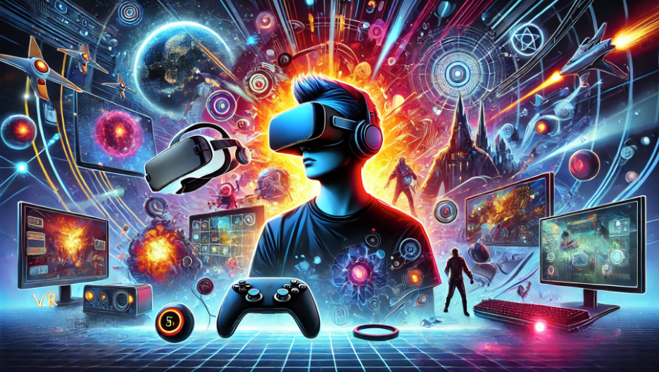 an illustration of a boy wearing VR Headset with virtual images surrounding him.