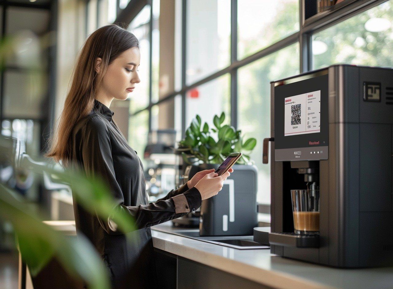 A photo of a woman using her smartphone in front of a coffee maker.