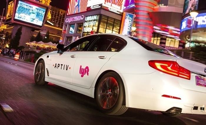 a photo of a autonomous Lyft car in las vegas.