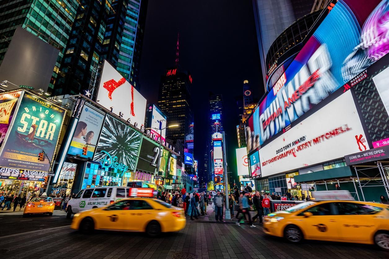 NYC street with cabs stock photo