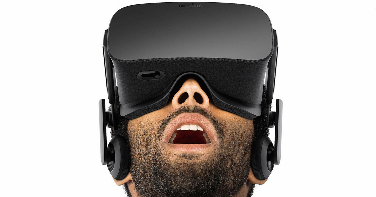 a photo of a man wearing VR headset looking up