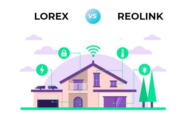 an illustration of a smart home with lorex vs reolink headline