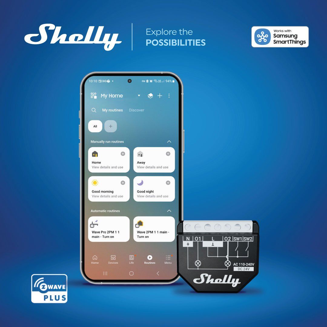 photo of Shelly device and a smartphone showing Shelly app