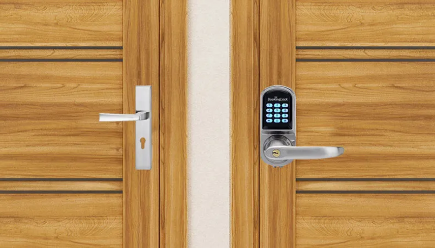 a photo of a Smart Lock and a Traditional Lock on doors.