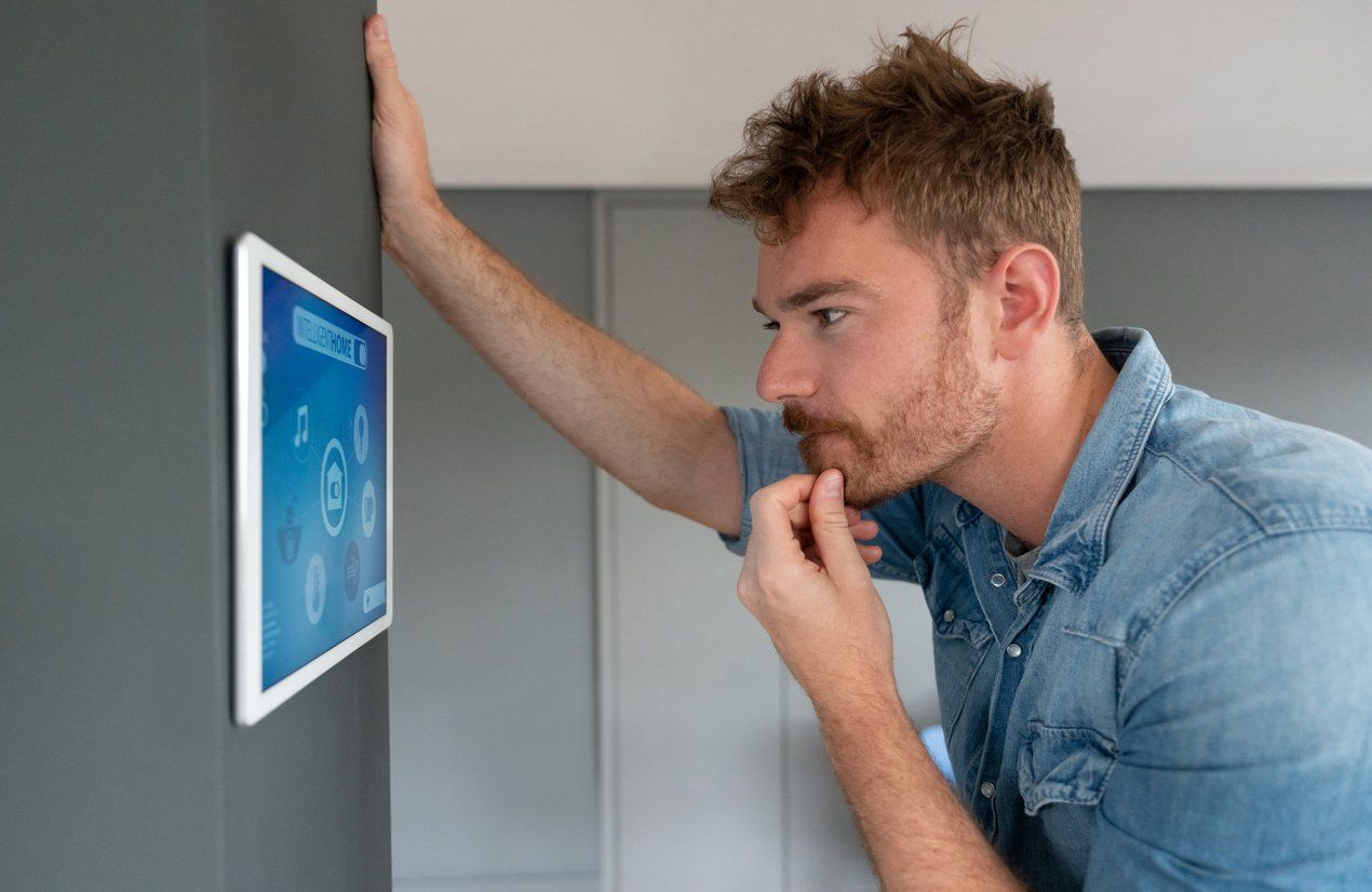 Confused man using app to control his intelligent home stock photo