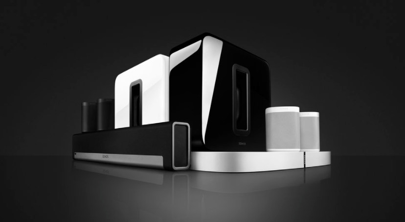 a product shot of Sonos smart speakers and soundbar