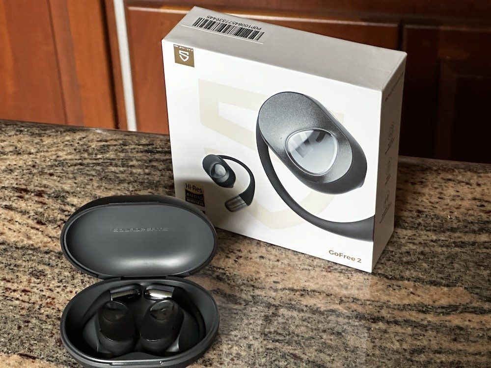 a photo of SoundPEATS GoFree2 Open Ear Headphones and box on a countertop