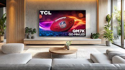 a photo of a living room with TCL QM7K Smart TV on the wall.