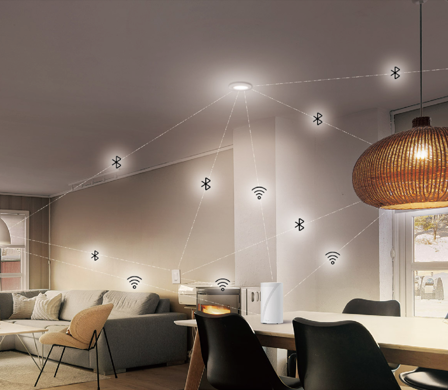 a photo of a room showing the wireless connections to a light