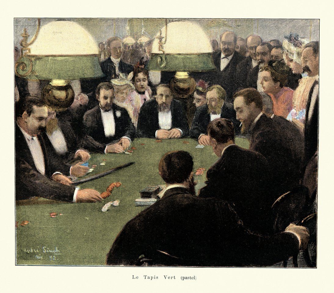 a photo of Le Tapis Vert, Men playing cards in a casino, Gambling, Victorian, 1890s, 19th Century