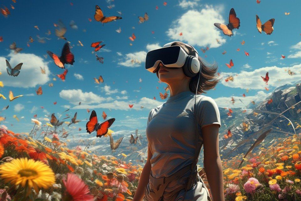 AI generated image of a woman wearing VR Headset outside with butterflies flying around her in a field.