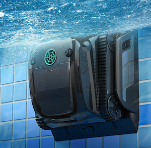 a photo of WYBOT S2 Pro Pool Cleaner on the side of a pool wall charging underwater.